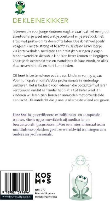 De achterkant van het boek 'De kleine kikker' met een illustratie van een kikker in een pot.