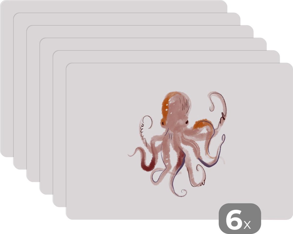 Placemat - Placemats kunststof - Octopus - Zeedieren - Wit - Waterverf - 45x30 cm - 6 stuks - Hittebestendig - Anti-Slip - Onderlegger - Afneembaar