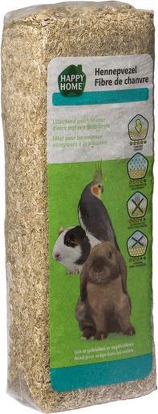 Langwerpige zak met Happy Home hennepvezel, met afbeeldingen van dieren en productinformatie.