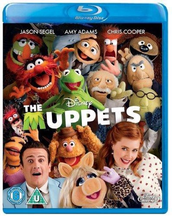Blu-ray hoes van Disney's The Muppets met Jason Segel, Amy Adams en Chris Cooper. Verschillende Muppets staan bij elkaar, waaronder Kermit.