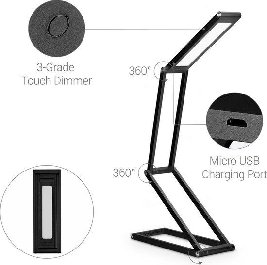 Studying with Micro USB Cable and Multiple Settings kwmobile Rechargeable LED Folding Desk Lamp Dimmable Portable Aluminium Table Light for Reading 