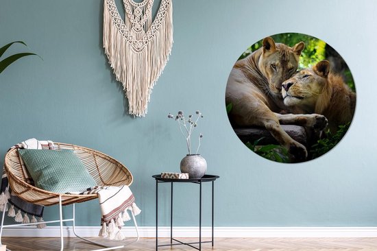 Wallpaper Circle - Lion - Câlin - Forêt - 100x100 cm - Wall Circle - Auto-adhésif - Papier Peint Rond Autocollant XXL