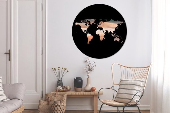 Wall Circle - Wall Circle - Wereldkaart - Koper - Blauw - Aluminium - Dibond - 120x120 cm - Intérieur et Extérieur XXL