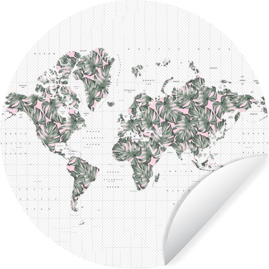 WallCircle - Muurstickers - Behangcirkel - Wereldkaart - Bladeren - Roze - ⌀ 140 cm - Muurcirkel - Zelfklevend - Ronde Behangsticker