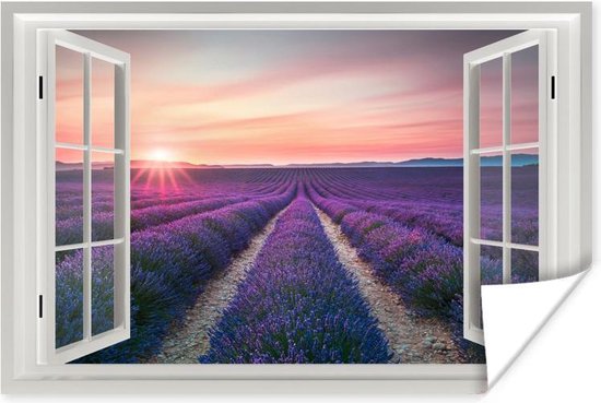 Poster Doorkijk - Zonsondergang - Lavendel - 30x20 cm