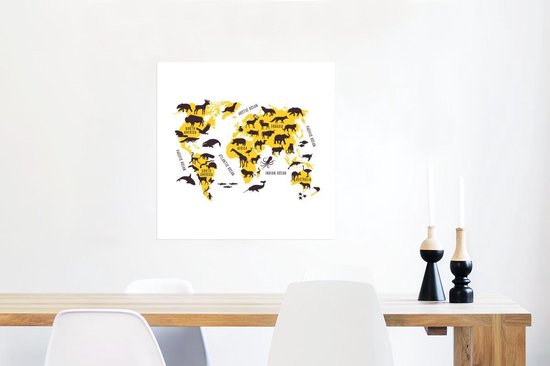 Décoration murale - Wereldkaart - Animaux - Jaune - 50x50 cm - Affiche