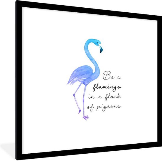 Fotolijst incl. Poster - Flamingo - Waterverf - Letters - Blauw - 40x40 cm - Posterlijst