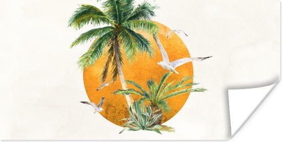 Poster Palmboom - Vogel - Strand - 80x40 cm