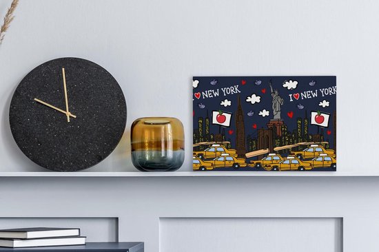 Canvas Schilderij New York - Taxi - Vrijheidsbeeld - 30x20 cm - Wanddecoratie
