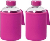 4x stuks glazen waterfles/drinkfles met fuchsia roze softshell bescherm hoes 600 ml - Sportfles - Bidon