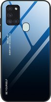 Duurzame hoes van gradiëntglas met achterkant van gehard glas Samsung Galaxy A21S zwart-blauw