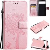 Voor Google Pixel 6 Pro Boom & Kat Reliëfpatroon Horizontale Flip Lederen Case met Houder & Kaartsleuven & Portemonnee & Lanyard (Rose Goud)