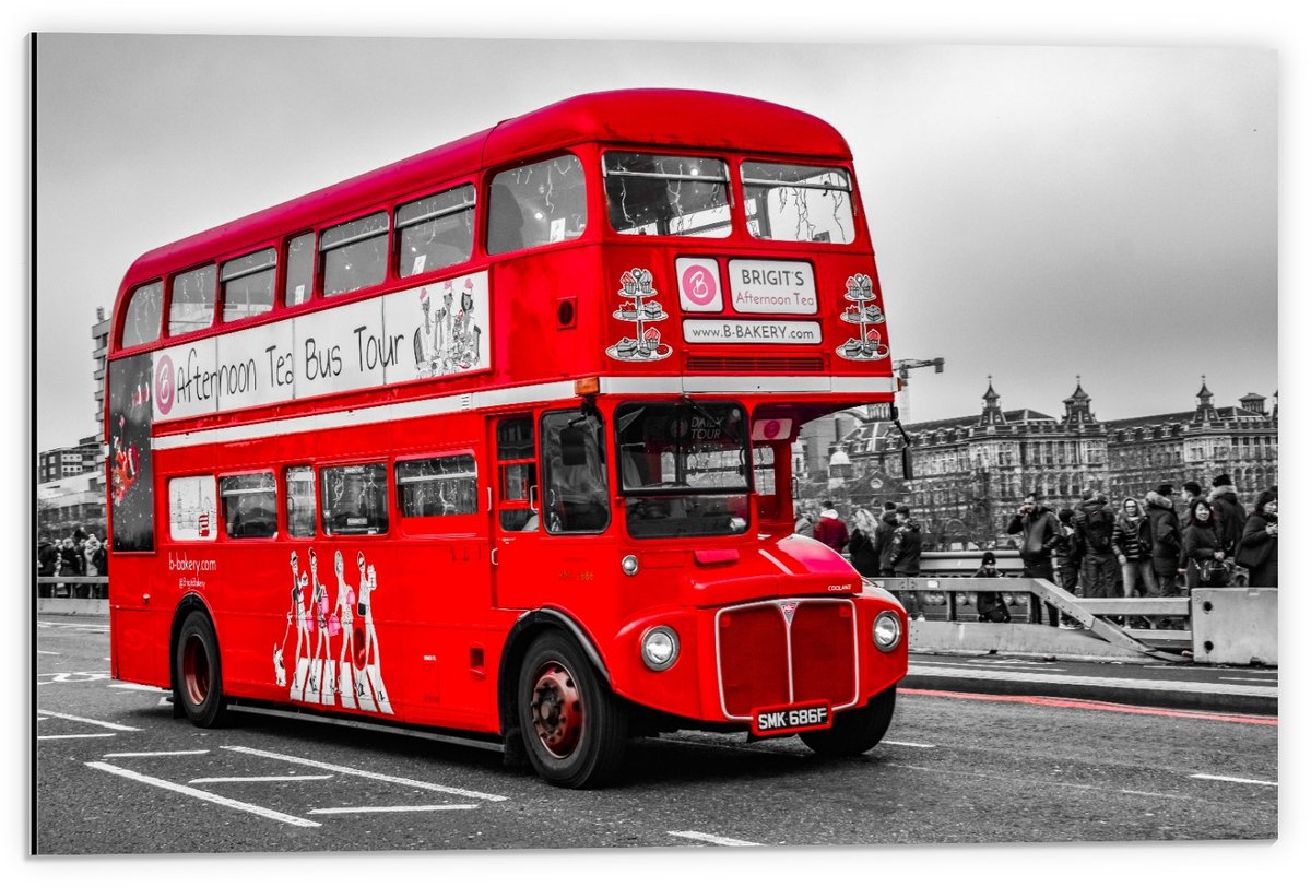 KuijsFotoprint Dibond - Rode Tour bus - 60x40cm Foto op Aluminium (Wanddecoratie van metaal) Rood