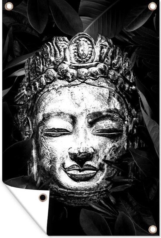 Muurdecoratie Ruw hoofd van een Boeddha met bladeren - zwart wit - 120x180 cm - Tuinposter - Tuindoek - Buitenposter