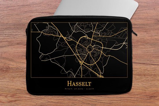 Housse pour ordinateur portable 13 pouces - Carte - Hasselt - Zwart - Or - Housse pour ordinateur portable - Dimensions intérieures 32x22,5 cm