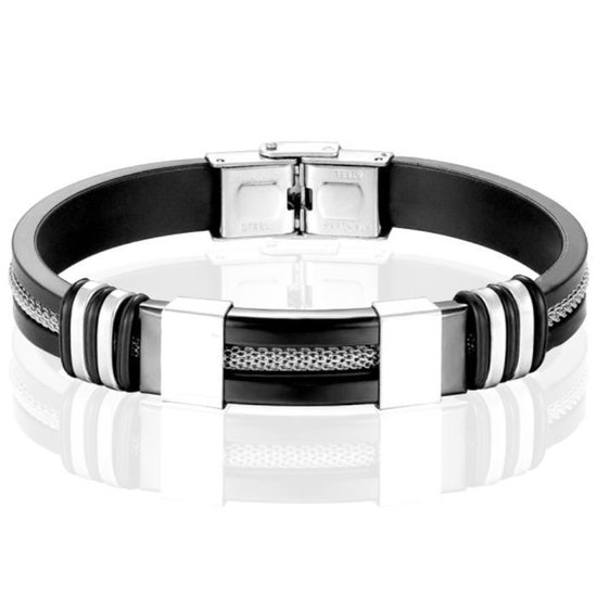 Siliconen armband RVS Mesh Zwart Zilverkleurig