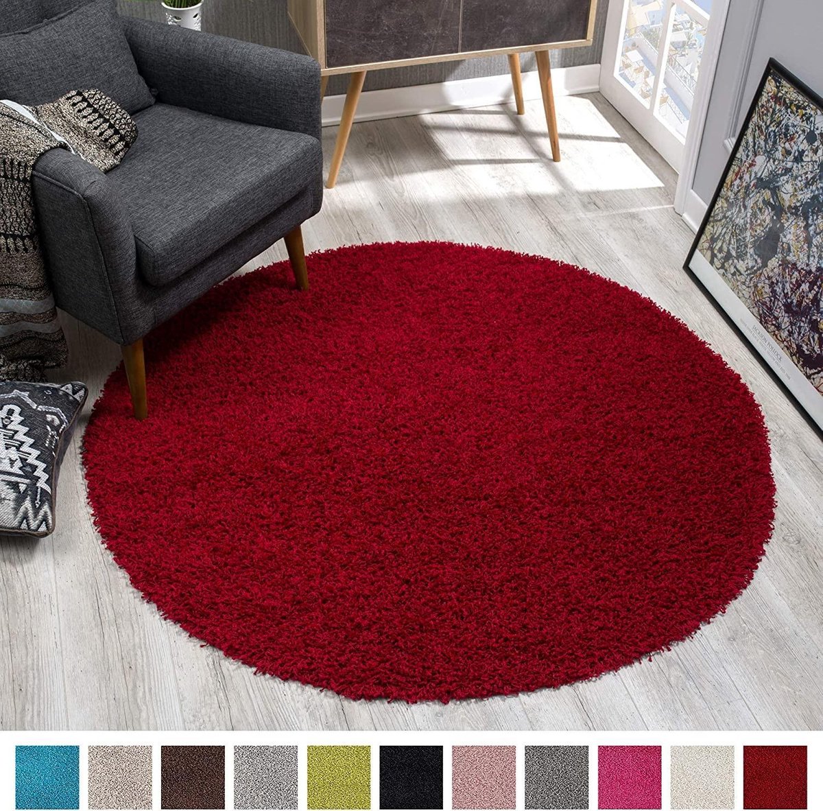 Shaggy Hoogpolig Rond vloerkleed Rood Effen Tapijt Carpet - 150 x 150 cm |  bol.com