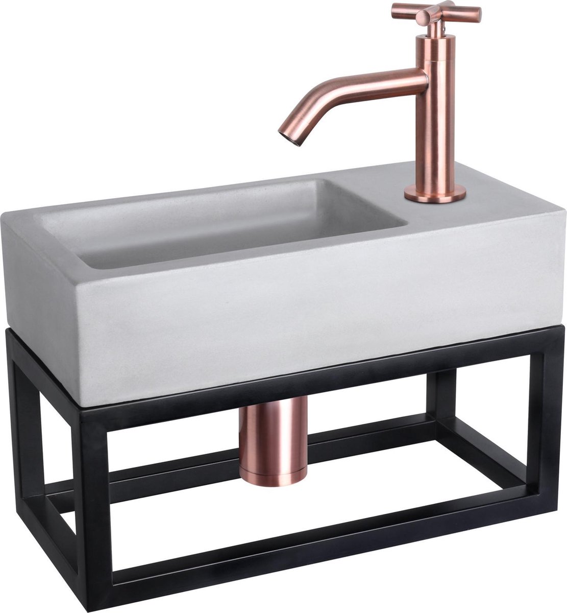 Differnz Ravo Fonteinset 38.5x18.5x25cm 1 kraangat gebogen kruisgreep rose koper kraan met sifon en afvoerplug fontein Rechthoek Beton Licht grijs