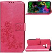 Lucky Clover geperste bloemenpatroon lederen tas voor LG G8 ThinQ, met houder en kaartsleuven & portemonnee en handriem (roze rood)