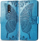 Butterfly Love Flowers reliëf horizontale flip lederen case voor One Plus 7 met houder & kaartsleuven & portemonnee & lanyard (blauw)