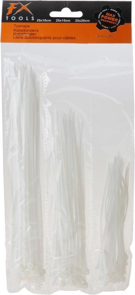 75x Kabelbinders tie-wraps set wit - 10 / 15 / 20 cm - Witte tywraps - Tie Wraps