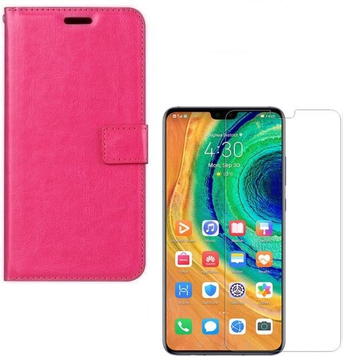 hoesje Geschikt voor: Huawei Mate 30 Portemonnee roze met 2 stuks Glas Screen protector