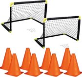 Complete speelset van 2 voetbal goals 55 x 44 x 44 cm inclusief 8 stuks oranje pionnen