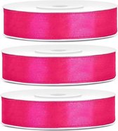 3x Hobby/decoratie donker roze satijnen sierlinten 1,2 cm/12 mm x 25 meter - Cadeaulinten satijnlinten/ribbons - Donker roze linten - Hobbymateriaal benodigdheden - Verpakkingsmaterialen