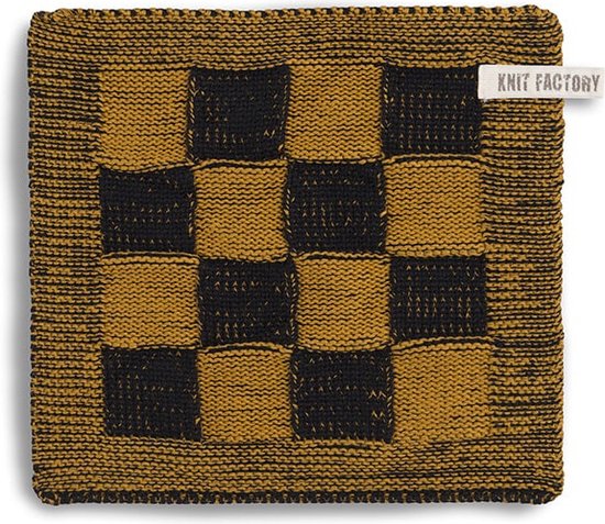 Knit Factory Gebreide Pannenlap Block - Pannenlappen gemaakt van 50% katoen & 50% acryl - Blokken motief - Traditionele look - 1 stuk - Zwart/Oker - 23x23 cm - Knit Factory