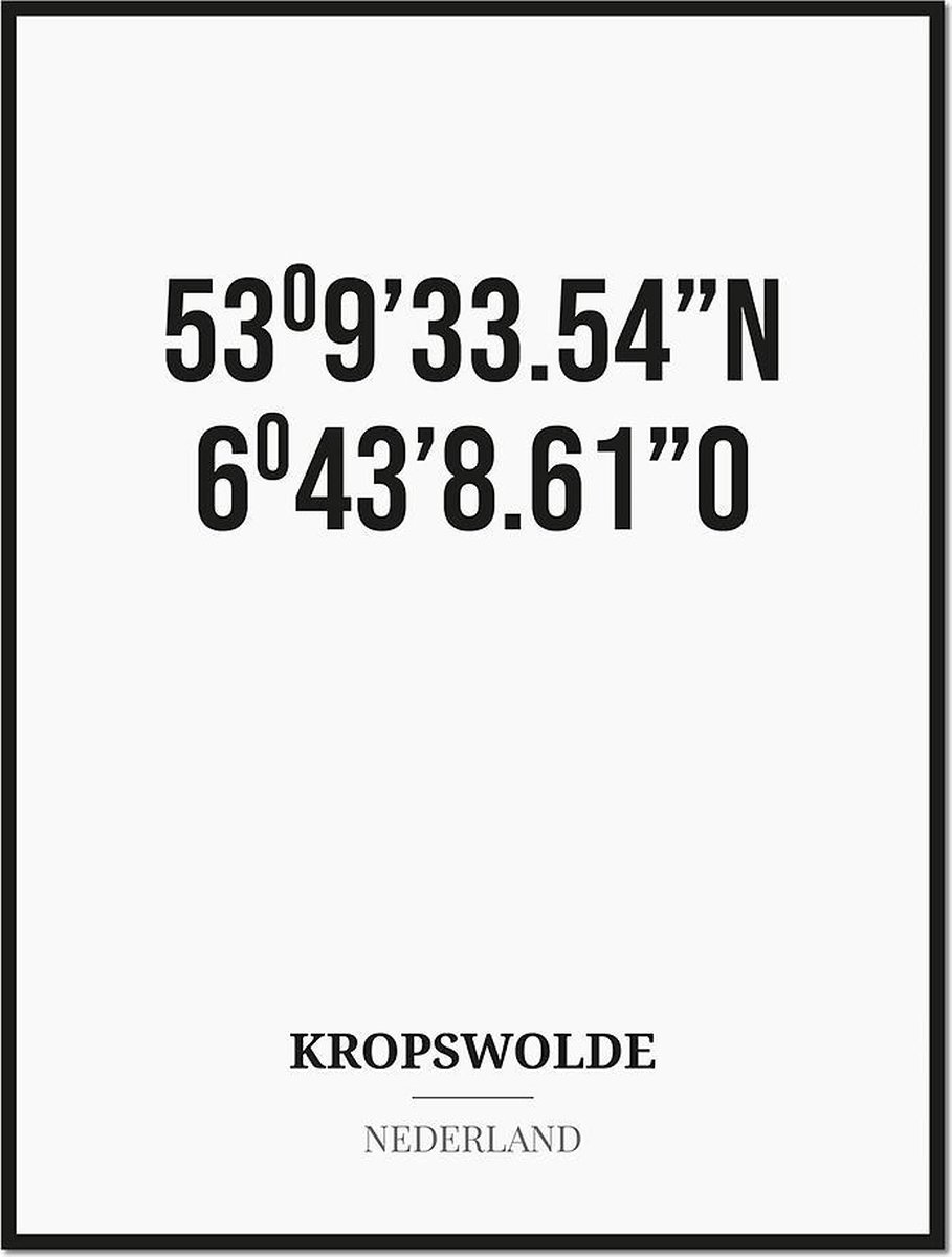 Studio216 Poster/kaart KROPSWOLDE met coördinaten zwart, wit