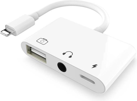 NÖRDIC LGN-100 Lightning adapter naar USB A - 3.5 mm audio - 10 cm - Wit