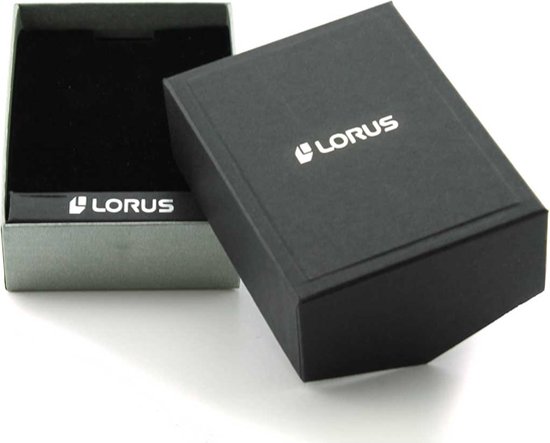 Zwarte, gesloten Lorus geschenkdoos naast een open grijze geschenkdoos met zwart fluwelen interieur.