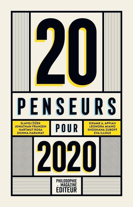 Couverture de livre avec grands chiffres jaunes 20, texte '20 PENSEURS POUR 2020' et noms de penseurs.