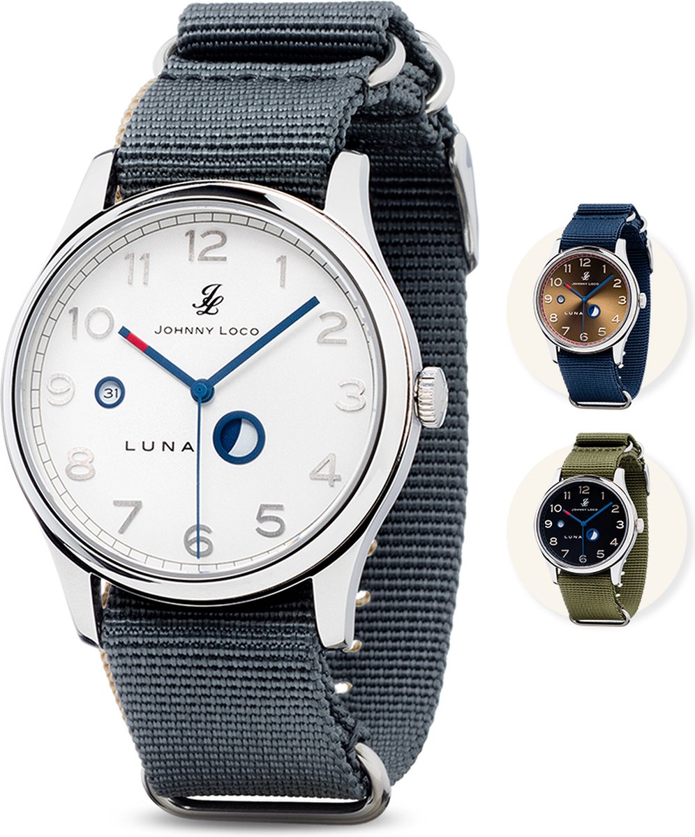 Johnny Loco Luna II - Horloge Heren - Roestvrij Stalen Kast - Saffierkristal - 41,3mm - Waterdicht tot op 100M - Chalk