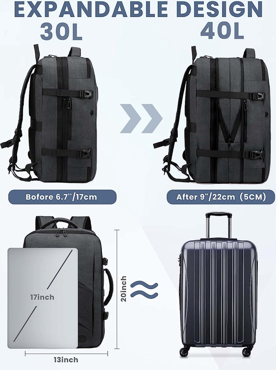 Reisrugzak, handbagage, vliegtuig, 20 l, 28 l, 40 l, waterdichte Reisrugzak, handbagage, vliegtuig, 20 l, 28 l, 40 l, waterdichte