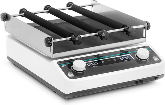 Witte digitale roller mixer met drie zwarte rollen. Twee draaiknoppen aan de voorkant, met displays voor 'TIME' en 'SPEED'.