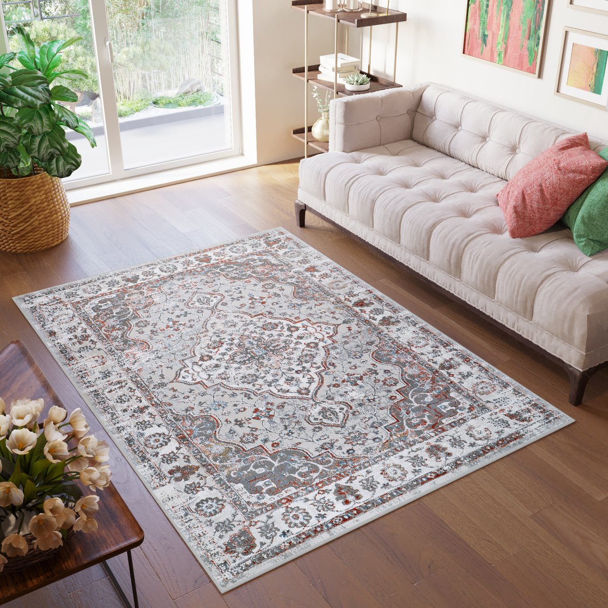 Tapiso Valley Vloerkleed Oranje Grijs Laagpolig Vintage Tapijt Maat- 140x200 Grijs2