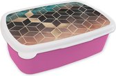 Broodtrommel Roze - Lunchbox Abstract - Kubus - Goud - Patronen - Luxe - Brooddoos 18x12x6 cm - Brood lunch box - Broodtrommels voor kinderen en volwassenen