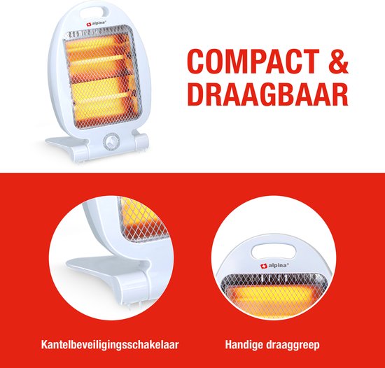 alpina Elektrische Kachel LQ001 – Infrarood Verwarming 800W – Halogeen Heater met 2 Warmtestanden – Compacte Kachel Elektrisch voor Binnen – Elektrische Verwarming met Kantelbeveiliging en Draaggreep