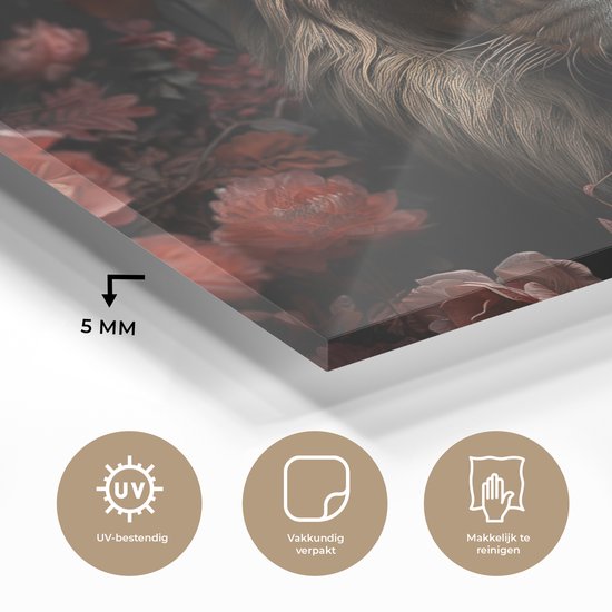 MuchoWow® Glasschilderij 120x90 cm - Schilderij acrylglas - Leeuw - Dier - Natuur - Botanisch - Bloemen - Roze - Foto op glas - Muurdecoratie woonkamer - Wanddecoratie slaapkamer - Schilderijen