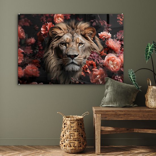 MuchoWow® Peinture sur verre 120x80 cm - Peinture sur verre - Lion - Animal - Nature - Botanique - Fleurs - Rose - Photo sur verre acrylique - Peintures