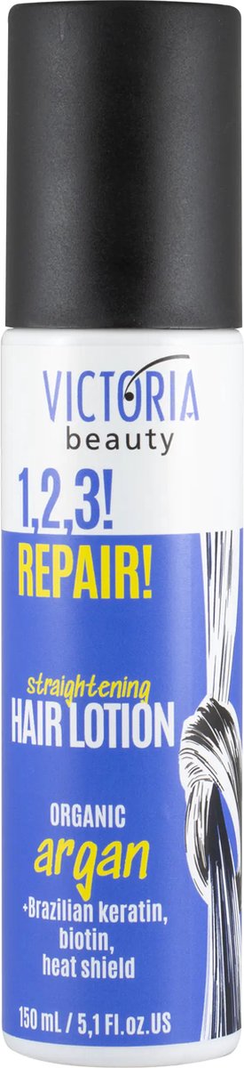 Victoria Beauty | VICTORIA BEAUTY 1, 2, 3! REPAIR! Straightening Hair Lotion 150ml | REPARATIE! haarlotion om haar stijl te maken | Biologische argan | Braziliaanse keratine | Biotine | met Hitteschild