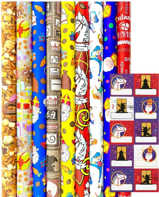 Foto: Sinterklaas cadeaupapier assortiment sinterklaaspapier inpakpapier inc 20 naamstickers 300 x 70 cm 3 rollen