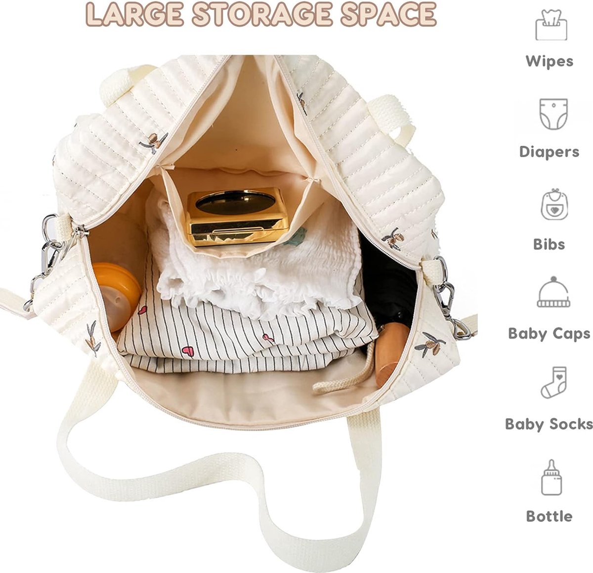 Borduurwerk Baby Verzorgingstas, Stijlvolle Grote Capaciteit Katoenen Reis Verzorgingstas, Draagtas, Handtas, Draagbare Lichtgewicht Babytas, Mama Tas met Kinderwagenhaak (Olijf) thumbnail 6