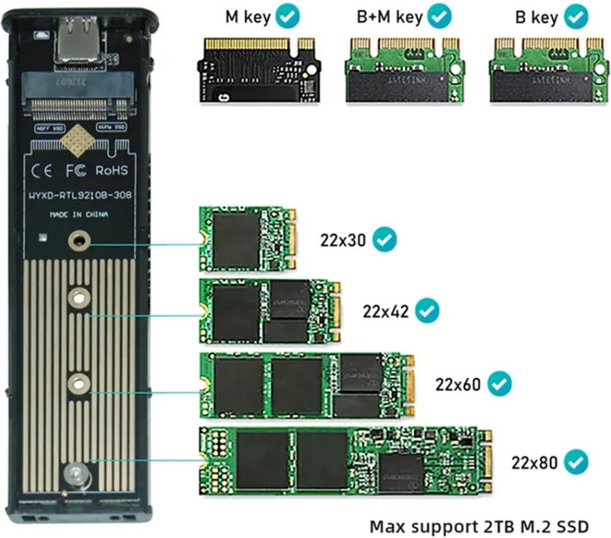 M2 SSD Case NVMe Enclosure M.2 to USB 3.1 SSD Adapter - M.2 SSD-behuizing NVMe - M.2 naar USB 3.1 SSD-adapter voor NVMe PCIe NGFF SATA M/B Key 2230/2242/2260/2280 RTL9210B Dual Protocol SATA NVMe NGFF SSD behuizing