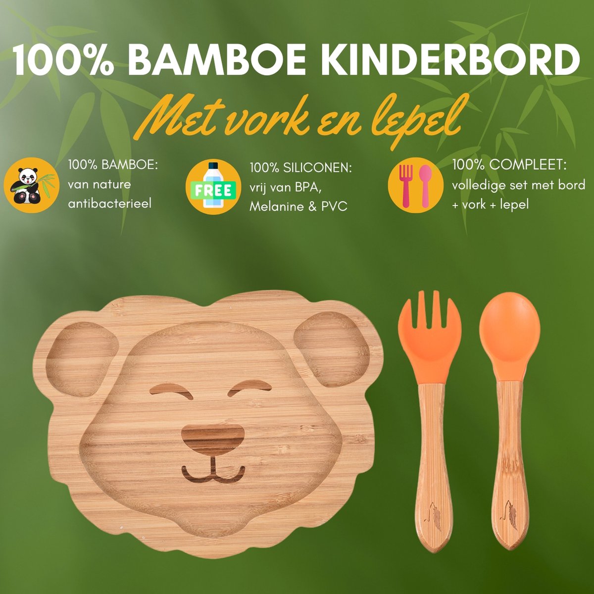 Pencilluxe® Bamboe Baby Bord (Leeuw) - Baby Cadeau - Kinderservies set - Zuignap - Kinderbord - Baby servies - Baby bestek - Melamine & BPA-vrij - Vakjesbord - Kraammand - Kraamcadeau - Babyshower cadeau - Baby - Geboorte Cadeau - Kraamvisite – foto 2