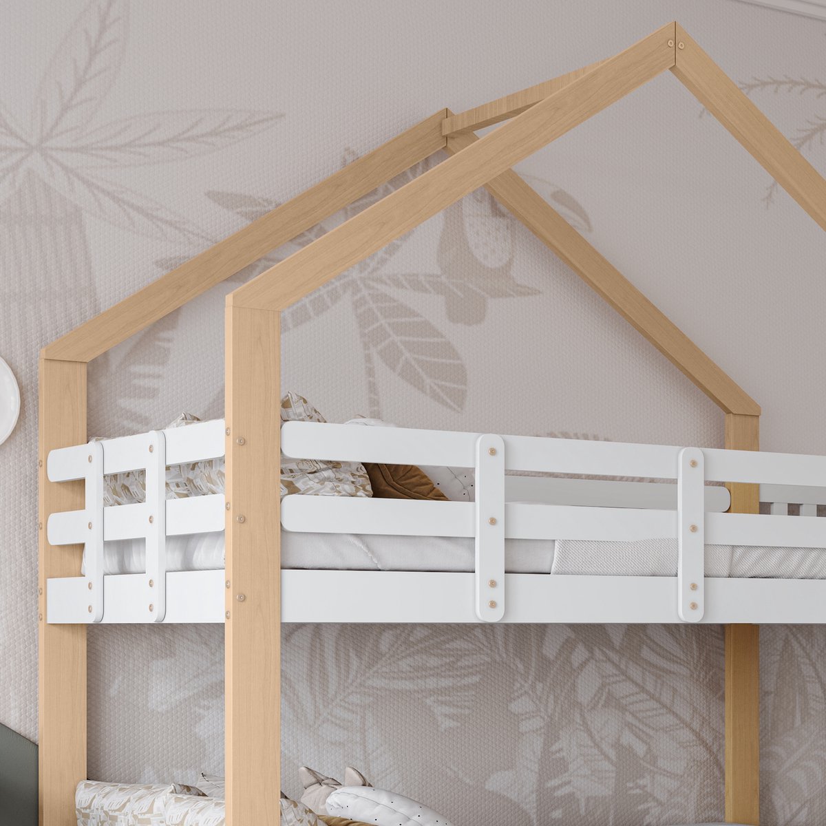 Gelukueub Stapelbed met glijbaan en drietraps hoekopklipladder, huisbed met valbeveiliging, kinderbed, bedframe van massief hout, wit naturel, 90 x 200 cm