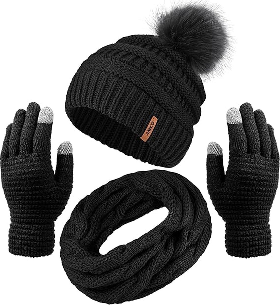 Winterset 3-delig - Zwart - Muts met pom pom, ronde sjaal, touchscreen handschoenen - 3 stuks - One-size - Black Friday 2023 - Kerstcadeau