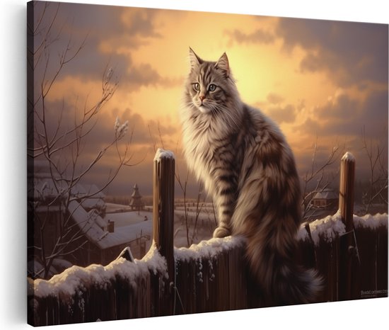 Artaza Canvas Schilderij Kat in de Winter op een Hek - 30x20 - Klein - Foto Op Canvas - Canvas Print