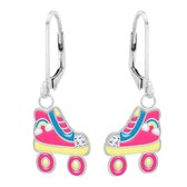 Zilveren oorbellen meisje | Oorbellen kind | Zilveren oorhangers, gekleurde rolschaats met regenboog en glitters